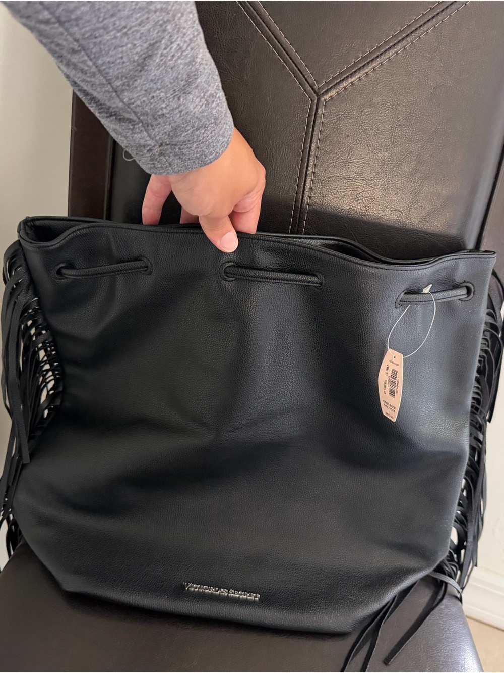 Victoria's Secret Black Fringe Drawstring Tote NWT